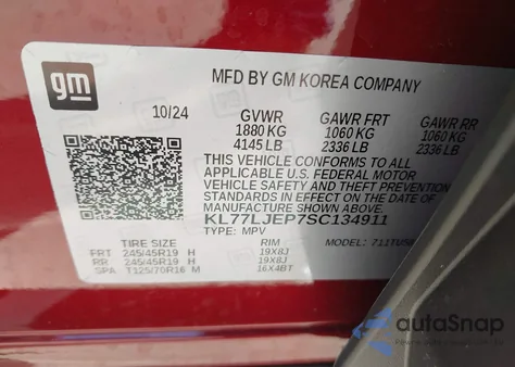 2025 Chevrolet Trax Fwd 2Rs from USA, damaged, VIN KL77LJEP7SC134911